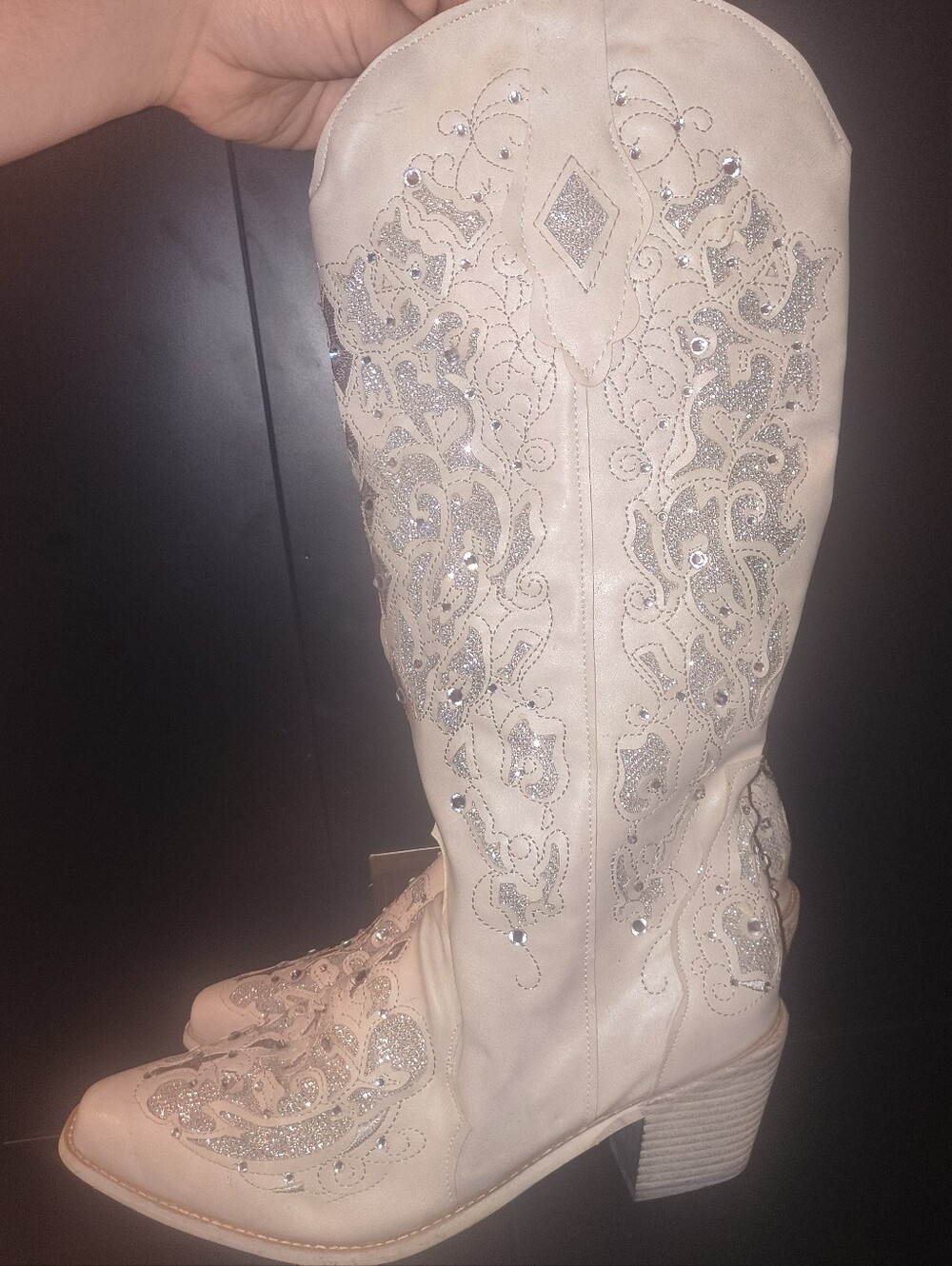 Embellished Cream Western Knee-High Boot